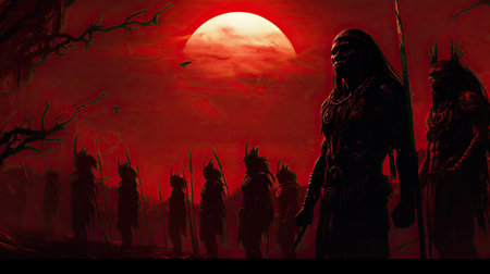 Tribal warriors under a blood moonの素材