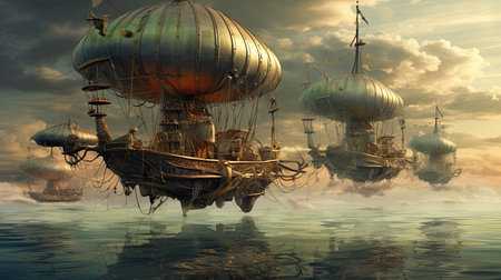 Steampunk airships sailing over a steaming seaの素材