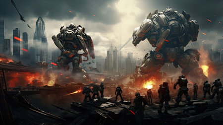 Robot rebellion in a futuristic metropolisの素材