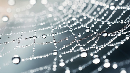 Close-up of a delicate spider's web covered in dewの素材