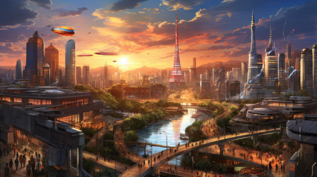 Hyperreal depiction of a bustling cityscape at sunsetの素材