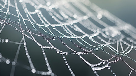 Close-up of a delicate spider's web covered in dewの素材