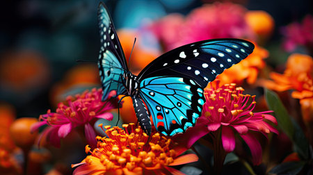 Ultra-detailed macro shot of a vibrant butterfly on a flowerの素材