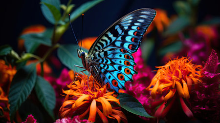 Ultra-detailed macro shot of a vibrant butterfly on a flowerの素材