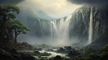 Hyperreal view of a majestic waterfall and misty surroundingsの素材