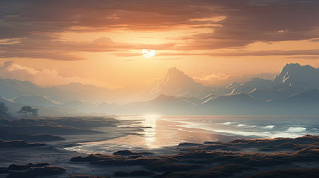 Hyperreal depiction of a coastal landscape at sunriseの素材