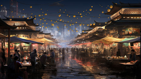 Hyperreal view of a bustling Asian night marketの素材
