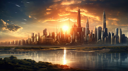 Astonishingly detailed view of a city skyline at dawnの素材