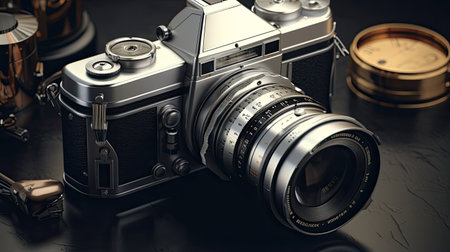 Hyperrealistic representation of a vintage camera and lensの素材