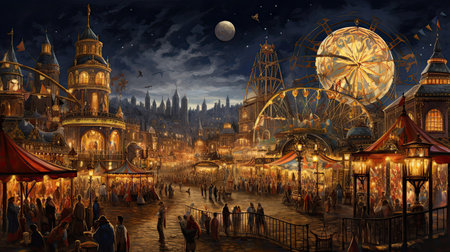 Astonishingly detailed view of a bustling carnival at nightの素材
