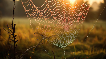 Impeccable capture of a spider's web with morning dewの素材