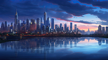 Hyperreal view of a city skyline at twilightの素材
