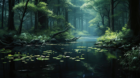 Lifelike representation of a serene forest pond sceneの素材