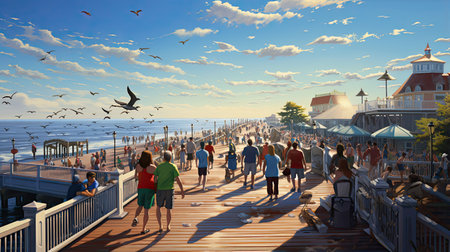 Hyperrealistic depiction of a bustling coastal boardwalkの素材