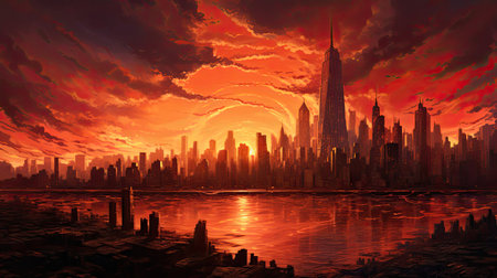Hyperreal view of a city skyline during a fiery sunsetの素材