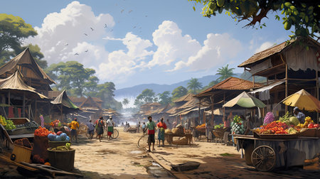 Hyperrealistic portrait of a bustling market in a tropical settingの素材