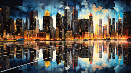 Hyperreal view of a city skyline reflected in rain-soaked streetsの素材
