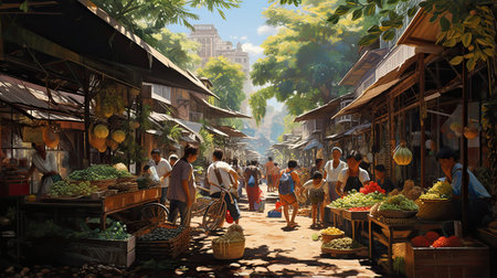Hyperrealistic portrait of a bustling market in a tropical settingの素材
