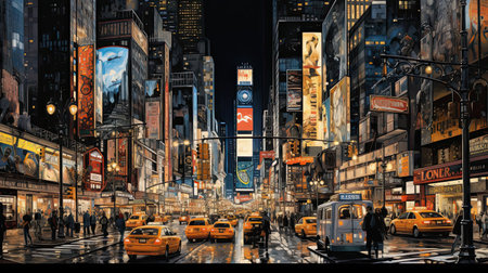 Hyperreal depiction of a bustling nighttime cityscapeの素材