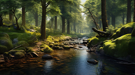 Hyperrealistic portrait of a serene forest streamの素材