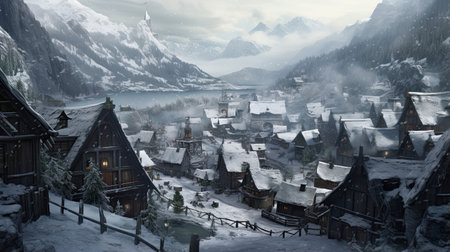 Hyperreal view of a snow-covered alpine villageの素材