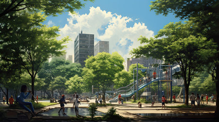 Hyperrealistic portrait of a lively urban park sceneの素材