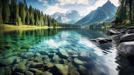 Crystal-clear mountain lake surrounded by treesの素材