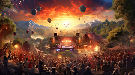 Hyperrealistic portrait of a lively outdoor music festivalの素材
