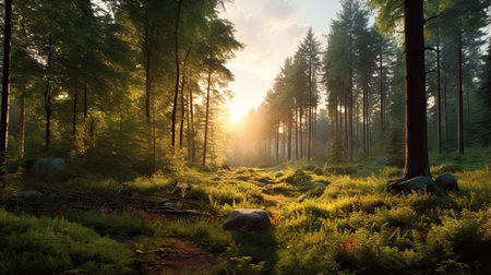 Hyperrealistic forest glade at sunriseの素材