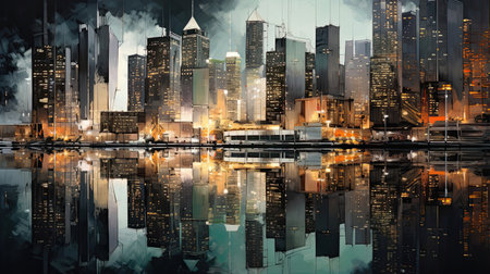 Hyperreal view of a cityscape with reflections in a riverの素材