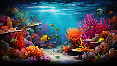 Hyperrealistic depiction of a vibrant underwater coral reefの素材