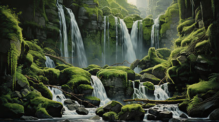 Ultra-detailed waterfall cascading down mossy rocksの素材
