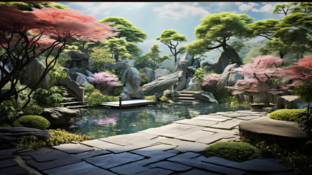 Hyperreal portrait of a serene Japanese zen gardenの素材