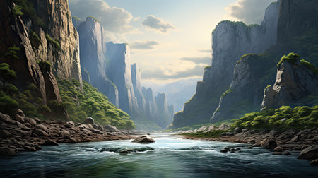 Hyperreal view of a tranquil river flowing through a canyonの素材