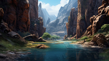 Hyperreal view of a tranquil river flowing through a canyonの素材