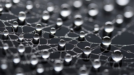 Close-up of water droplets on a spider's webの素材