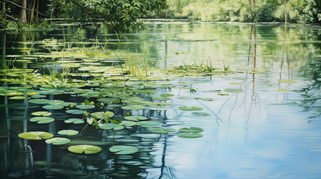 Astonishingly detailed view of a serene pond reflectionの素材