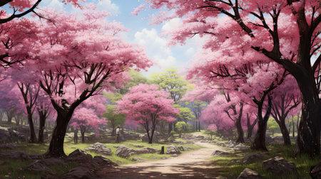 Hyperrealistic depiction of a cherry blossom groveの素材