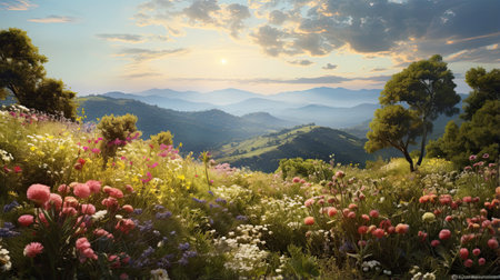 Hyperrealistic depiction of a wildflower-covered hillsideの素材