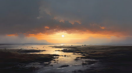 Lifelike portrait of a misty coastal sunriseの素材