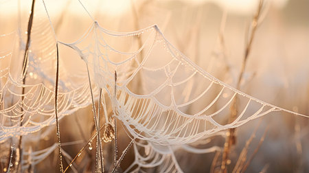 Close-up of dew-covered spider silk in a meadowの素材