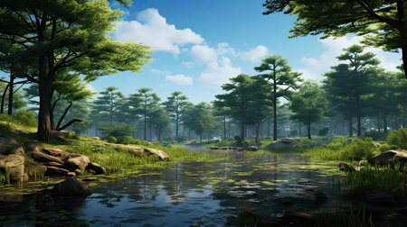 Hyperreal view of a tranquil pond surrounded by treesの素材