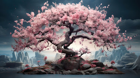 Ultra-detailed depiction of a blooming cherry blossom treeの素材