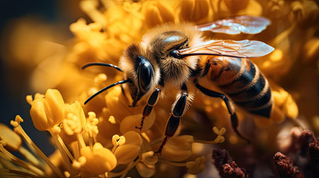 Intricate details of a bee collecting nectar from a flowerの素材