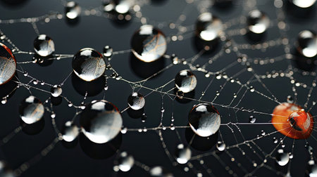 Hyperreal close-up of raindrops on a spider's webの素材