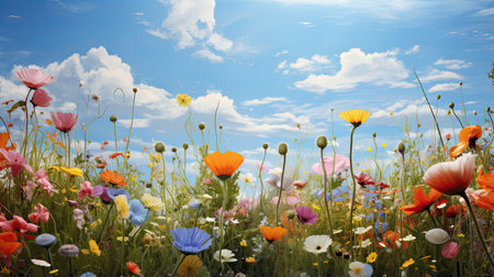 Hyperreal portrait of a vibrant field of wildflowersの素材