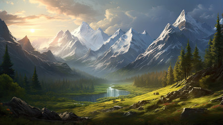 Ultra-detailed depiction of a sunlit mountain valleyの素材