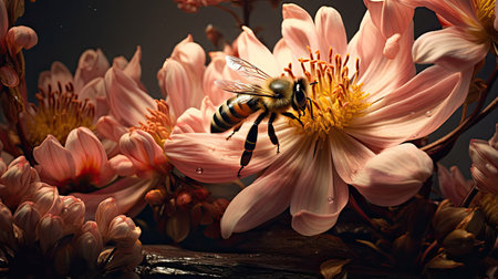 Impeccable rendering of a bee pollinating a flowerの素材