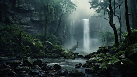 Hyperreal portrait of a misty waterfall in the forestの素材