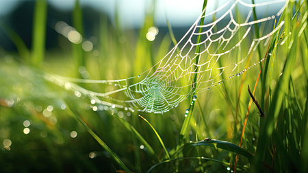 Close-up of dew-kissed spider silk in a grassy meadowの素材